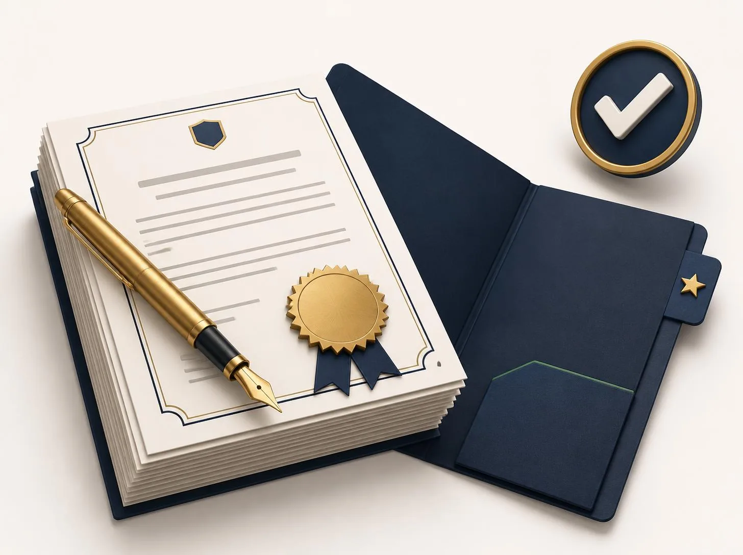 3D illustration of a formation certificate with a gold seal, fountain pen, navy folder, and approval checkmark