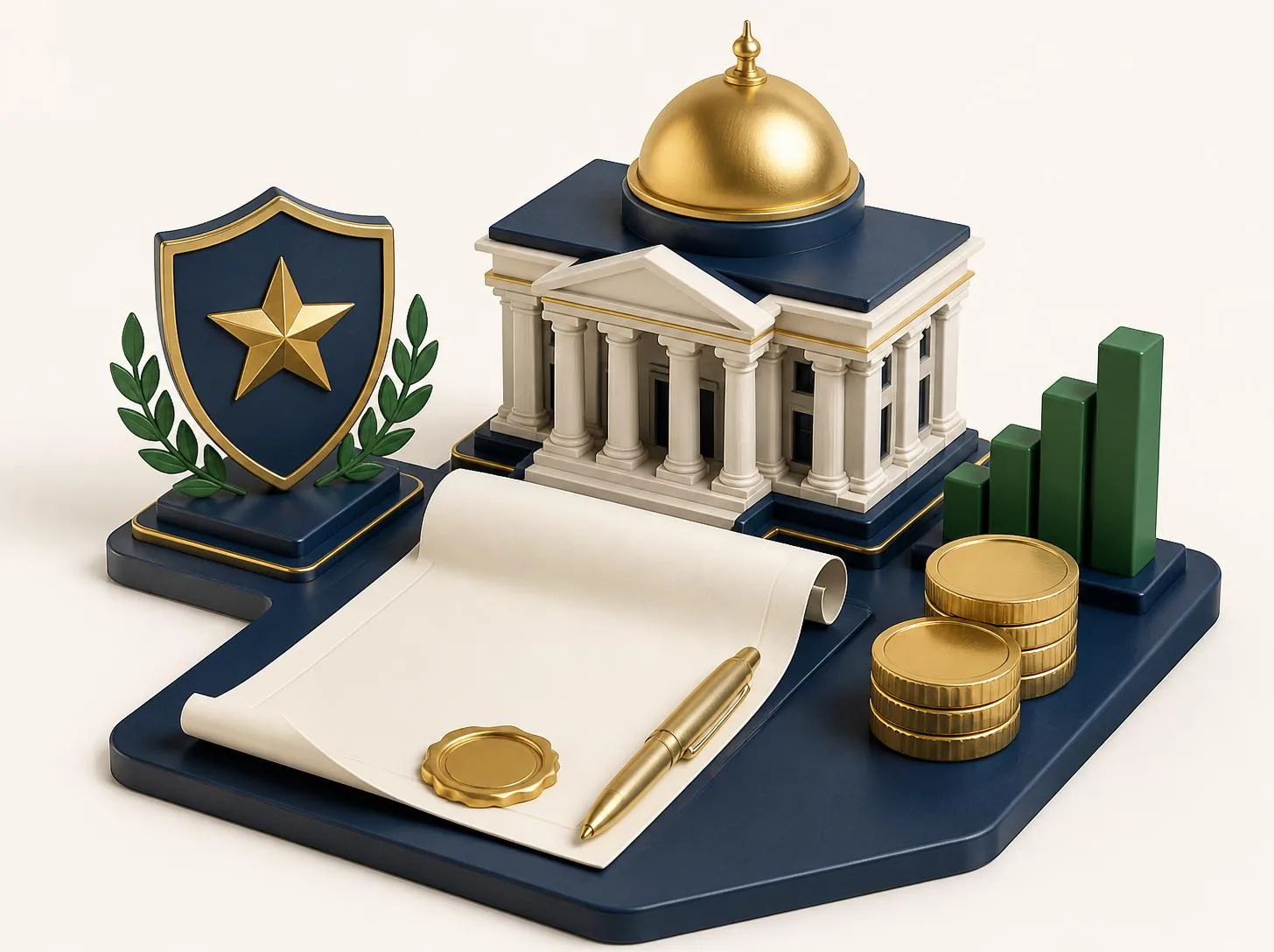 3D illustration of a government building with a contract scroll, gold seal, star shield with laurel, coins, and a growth chart
