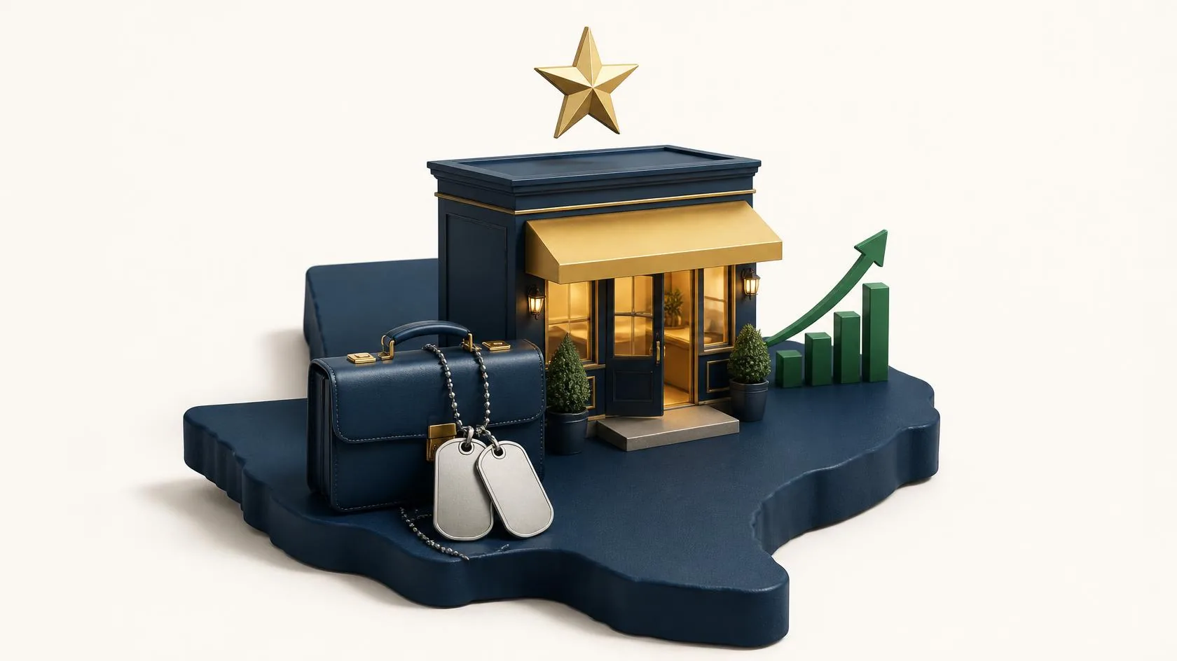 3D illustration of a small storefront on a Texas-shaped base, with a briefcase, military dog tags, a gold star, and a rising growth chart