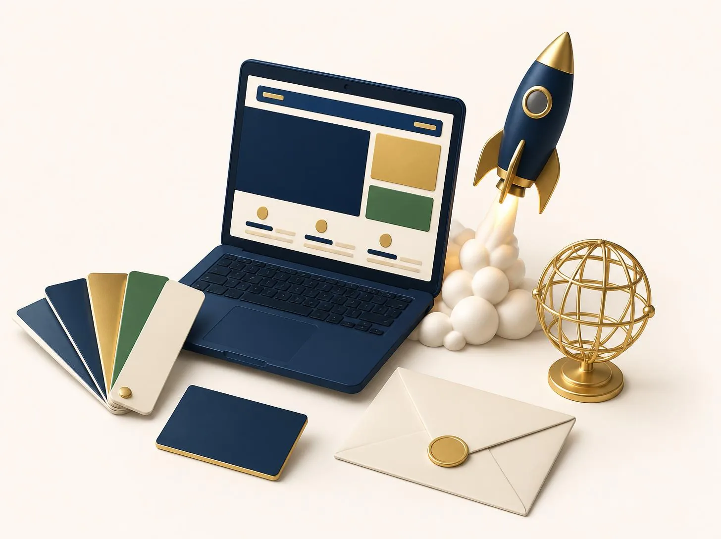 3D illustration of a laptop showing a website, a launching rocket, brand color swatches, a business card, an envelope, and a globe