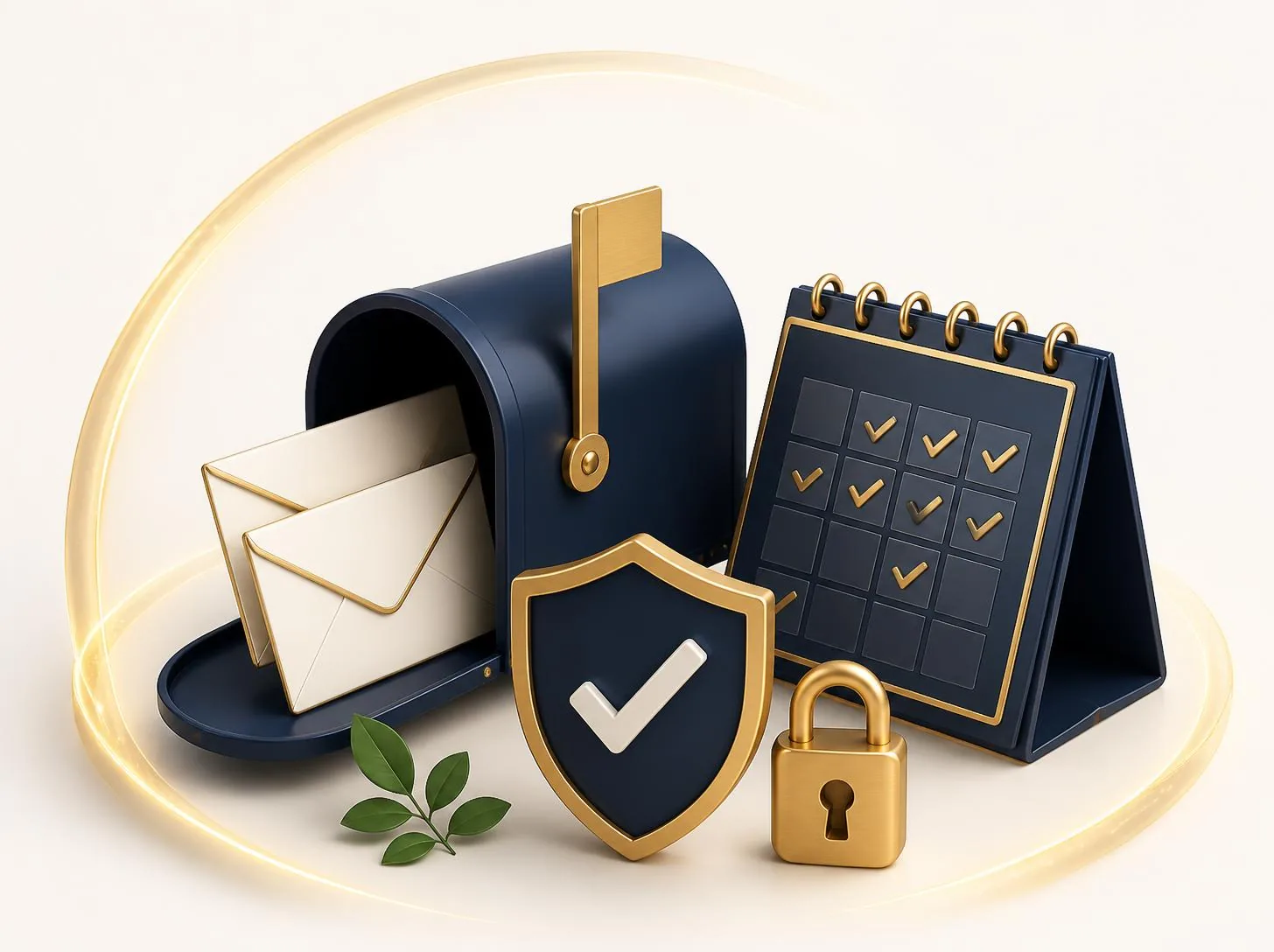 3D illustration of a mailbox with letters, a compliance calendar with checkmarks, a check shield, and a padlock