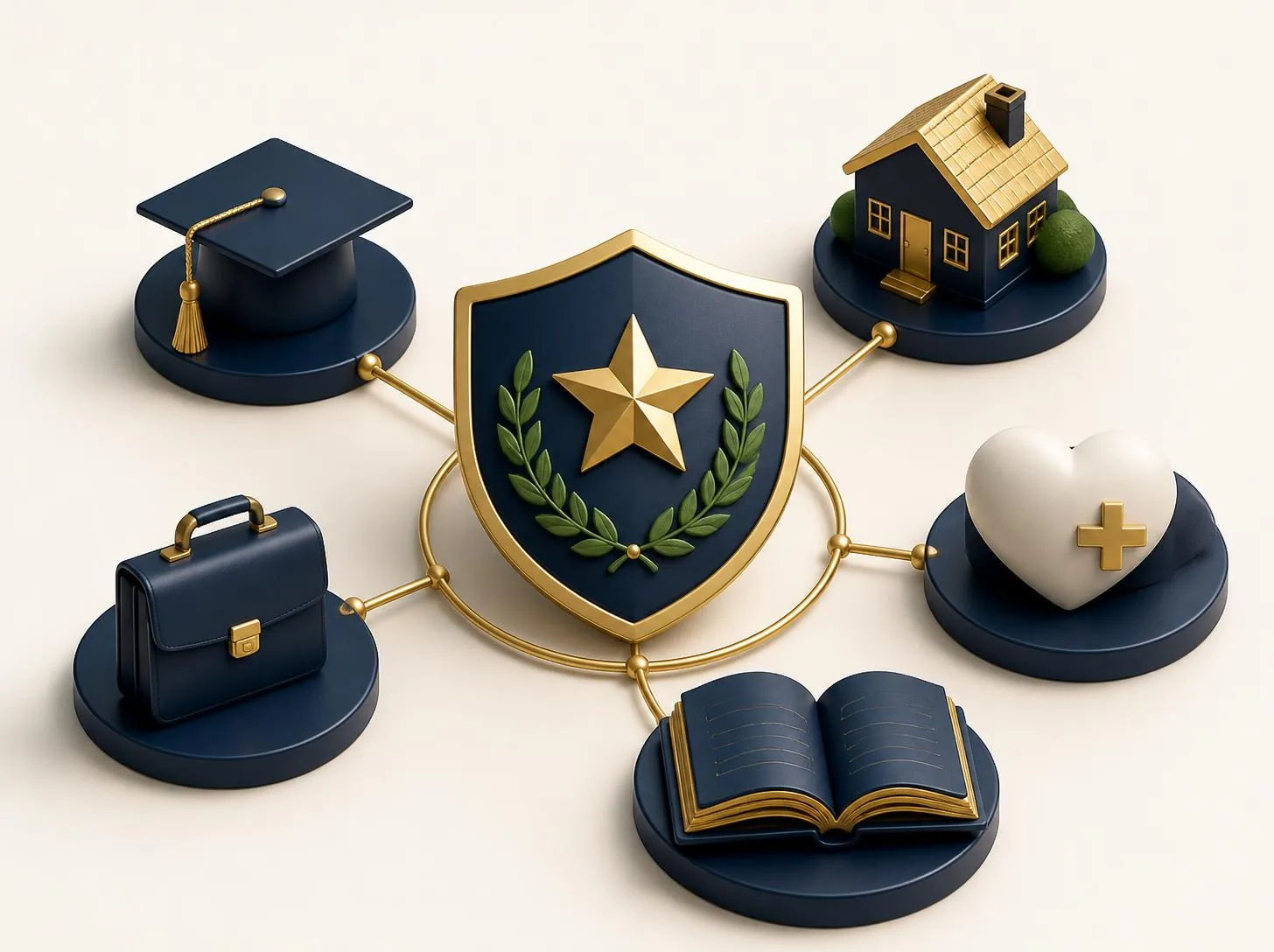 3D illustration of a star shield connected to education, home, health, guide, and business resources